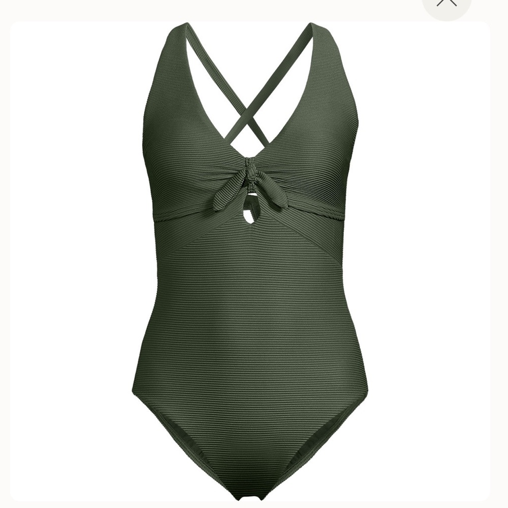Lands end Ribbed Knot Front One Piece Swimsuit Olive Green - Picture 3 of 6